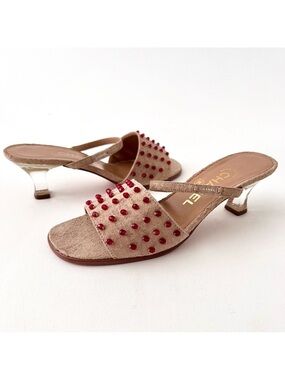 CHANEL | Vintage Y2K Tan Suede Red Embellished Mule Lucite Kitten Heel Sandal